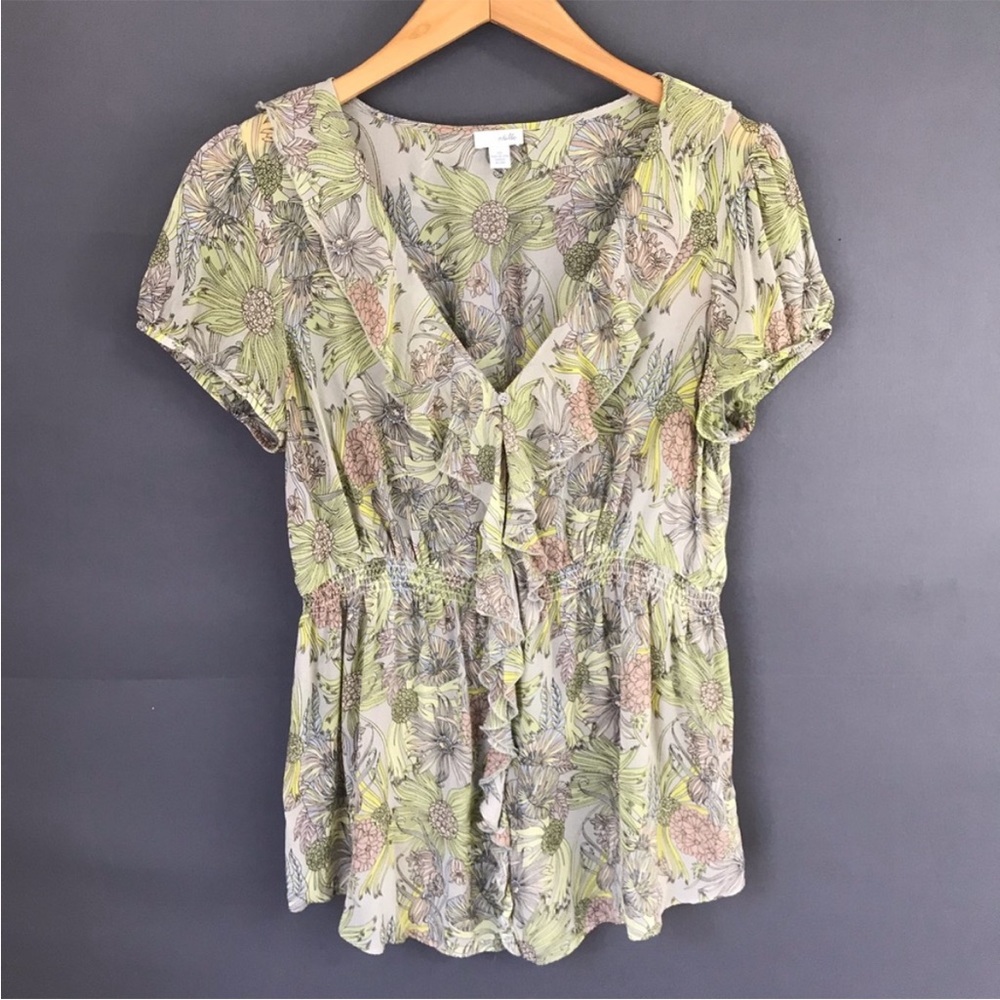 Odille Floral Ruffle V-Neck Blouse in Light Green and Cream